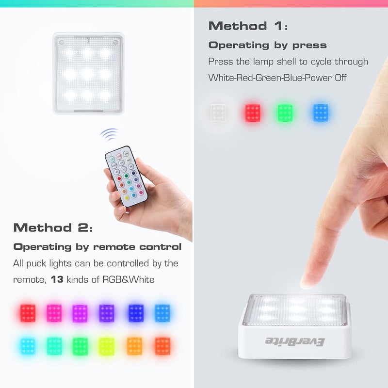 EverBrite Tap Lights, LED Closet Lights Night Lights with Remote Control, Battery Powered RGB Push Lights for Cabinet, Stairway, Party Indoor or Outdoor(6 Pack) - Image 3